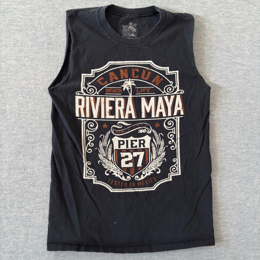 Pier 27 Cancun Riviera Maya Muscle Tee Mens Small Black Cotton Graphic Tank Top